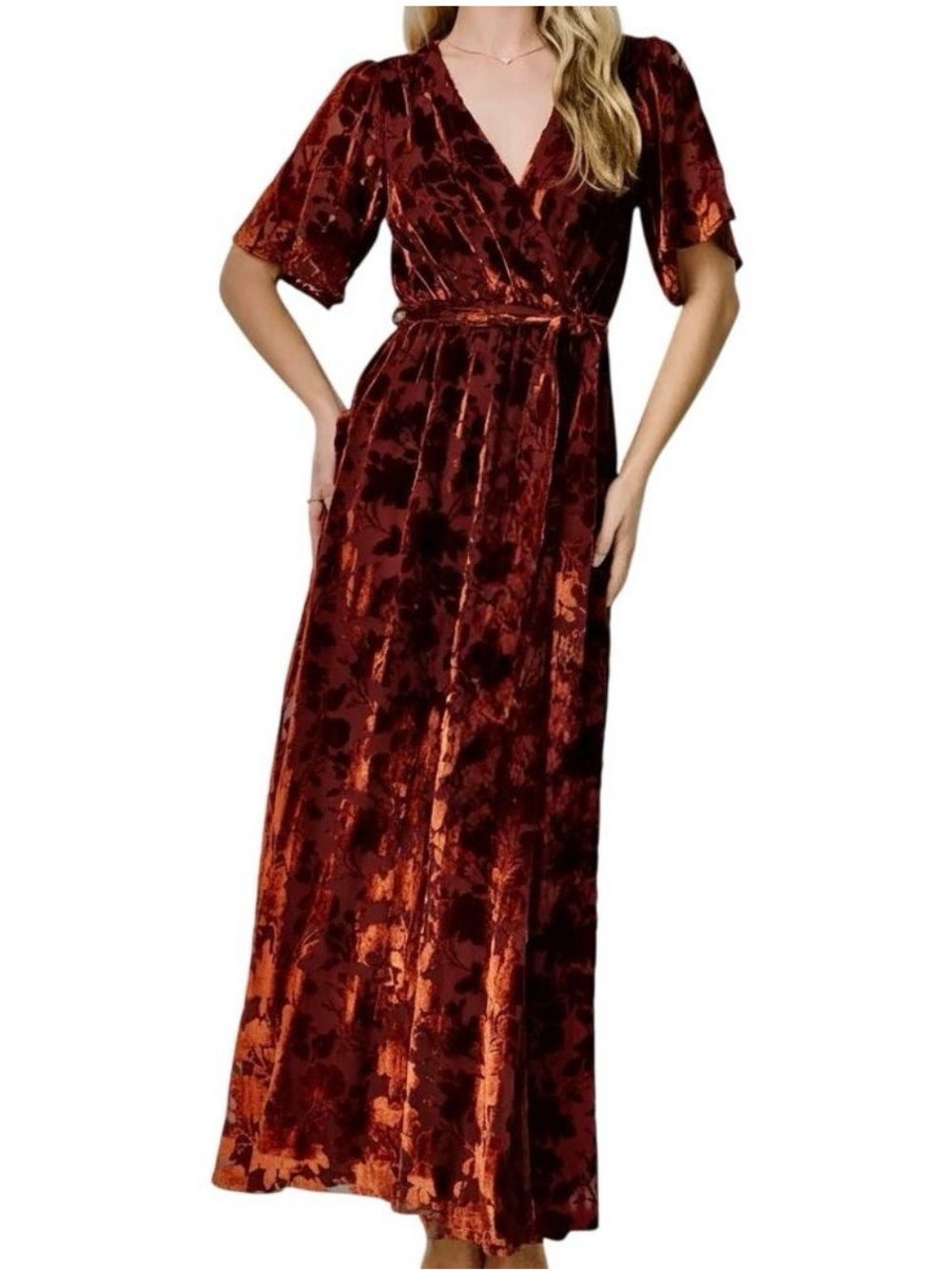 Baltic Born Uma Crushed Burnout Velvet Surplice Maxi Dress Russet Goddess Fairy